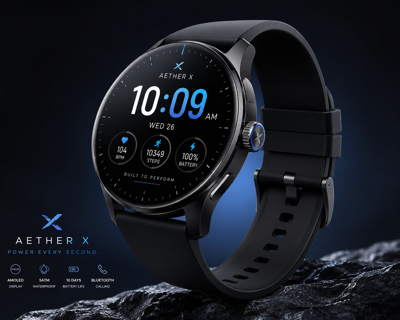 Enlarged isometric presentation view of Aether X Smartwatch